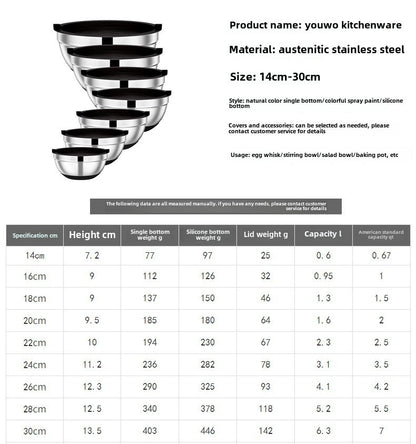 Silicone base thickened with lid cooking basin anti slip salad mixing bowl stainless steel egg beater bowl for kitchen baking