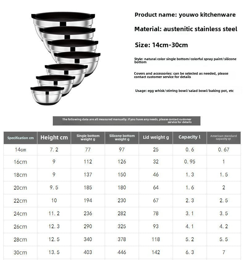 Silicone base thickened with lid cooking basin anti slip salad mixing bowl stainless steel egg beater bowl for kitchen baking