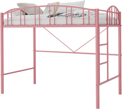 Cama Alta de Metal Resistente Tamanho Solteiro com Escada e Guarda-Corpo Arqueado, Suporte de Estrados de Aço Resistente, Design que Economiza Espaço – Branco