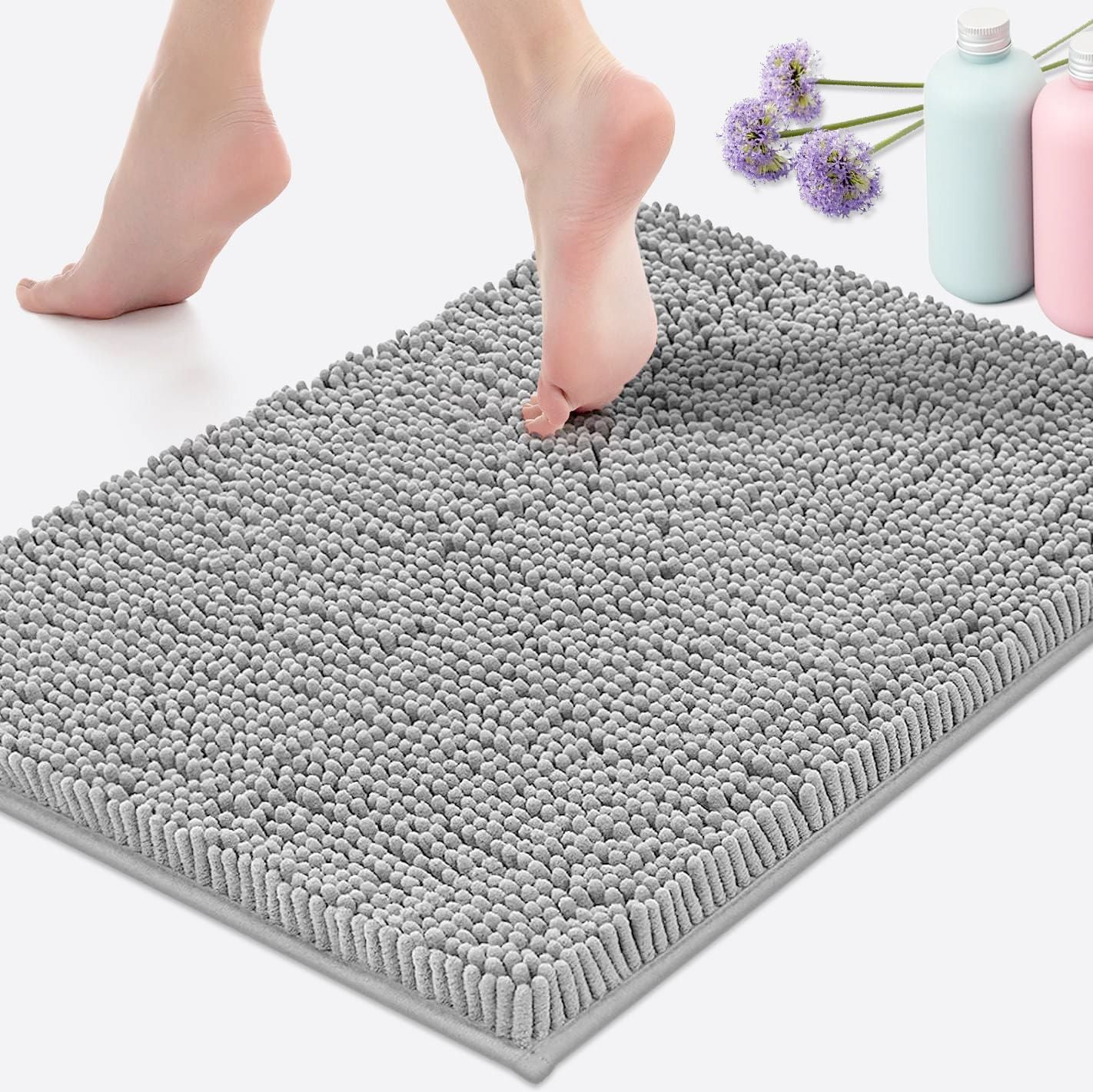 Tapete de Banho de Pelúcia Macia Chenille Absorvente Lavável à Máquina Tapete de Banheiro Antiderrapante Adequado para Bacias e Chuveiros