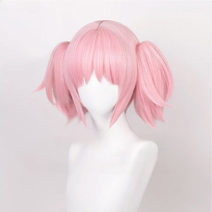 Peruca Sintética Cosplay Anime Madoka Kaname, Rosa Curta, Presilhas de Rabo de Cavalo, Resistente ao Calor, Festa, Perucas de Cosplay de Anime