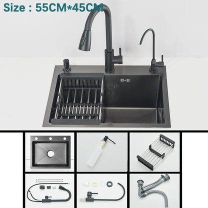 Multifunctional Kitchen Waterfall Sink Digital Display Large Single Gray Sink Dish Basin Sink 304 Stainless Steel