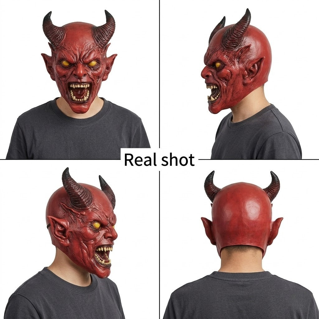 Scary Horned Demon Mask Full Head Latex Devil Mask Horror Halloween Cosplay Masks Costume Party Carnival Haunted House Prop