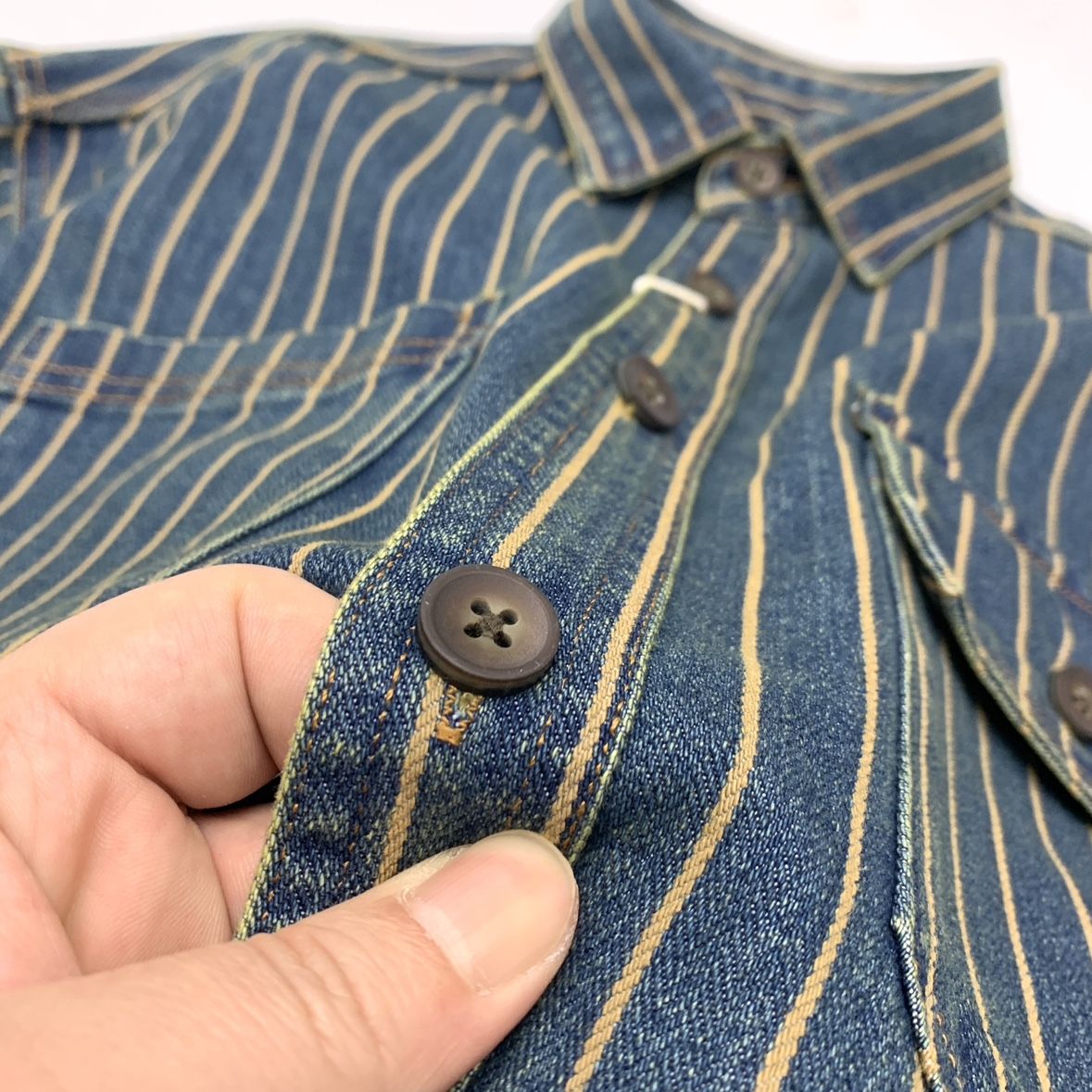 Heavy wash to make old striped shirt men's heavy chunky cargo denim jacket Autumn vintage Amei khaki coat