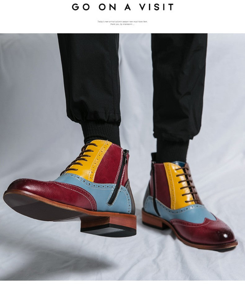 Luxury Fashion Men Leather Boots Flats British Style Sharp Pointed Color Matching Men Shoes Mens Slip-on Outdoor Flats Size 48