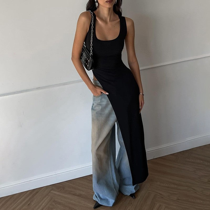 2025 Sexy Sleeveless Side High Split Dress Solid Backless Women Midi Dresses Sum