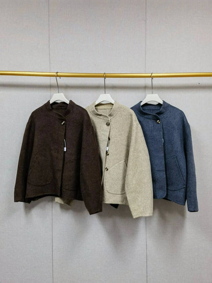 2025 Autumn Winter Fashion Women 3 Colors Single Breasted Stand Collar Coat Lady Double Sided Woolen Jacket