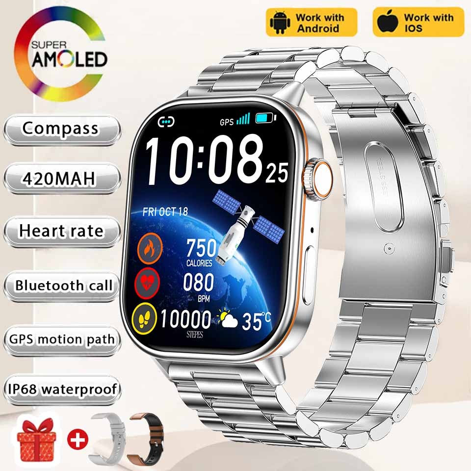 Smartwatch de Música Feminino 2025 Novo com Tela AMOLED HD de 2.01'' Moda, GPS de 6 Estrelas Embutido, Rastreador Impermeável e Chamada, Braceletes