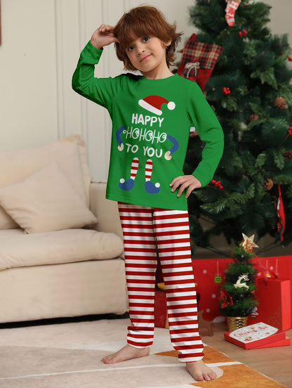 Merry Christmas Kids Matching Pajamas Elf "Happy HoHoHo" Green Top Red White Striped Sleepwear