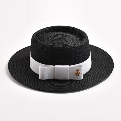 Novos Chapéus de Palha Primavera Verão Femininos de Superfície Ondulada, Topo Reto, Laço, Boné de Vestido, Chapéu de Sol para Viagem e Praia, Gorra