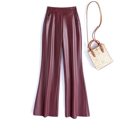 Black Genuine Leather Pants Women Sheepskin Straight Pants Spring Autumn High Waist Belt Loose Real Leather Casual Trousers