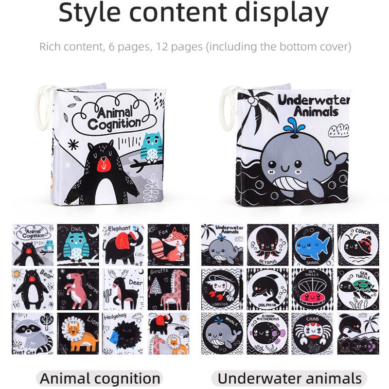 Livro de Pano de 12 Páginas Montessori Tátil e Sensorial Livros Macios para Bebês Animais de Desenho Animado Brinquedos Interativos de Educação Infantil para Bebês