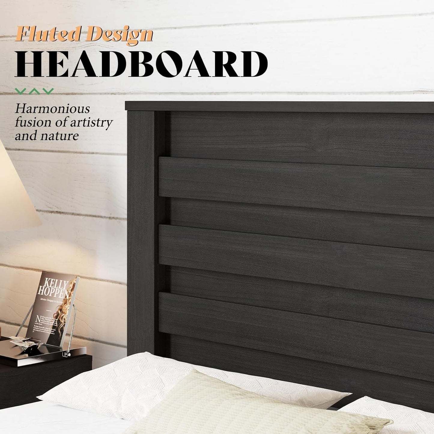 Farmhouse King Size Bed Frame with 49" Fluted Headboard, Wood Platform Bed with Natural Grain, No Box Spring Needed/Nois