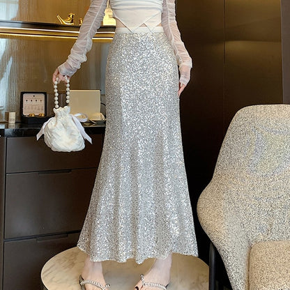 Elegant Sequined Long Black Skirts Women High Waist Party Club Faldas Largas Korean Fashion Y2k Clothes A Line Mid Length Skirt