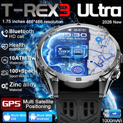 Novo Smartwatch Militar 2026 Bateria de 1000mAh Rastreamento GPS Bússola 10ATM À Prova D'água Tática Esportivo Lanterna Chamada HD Smartwatch Masculino