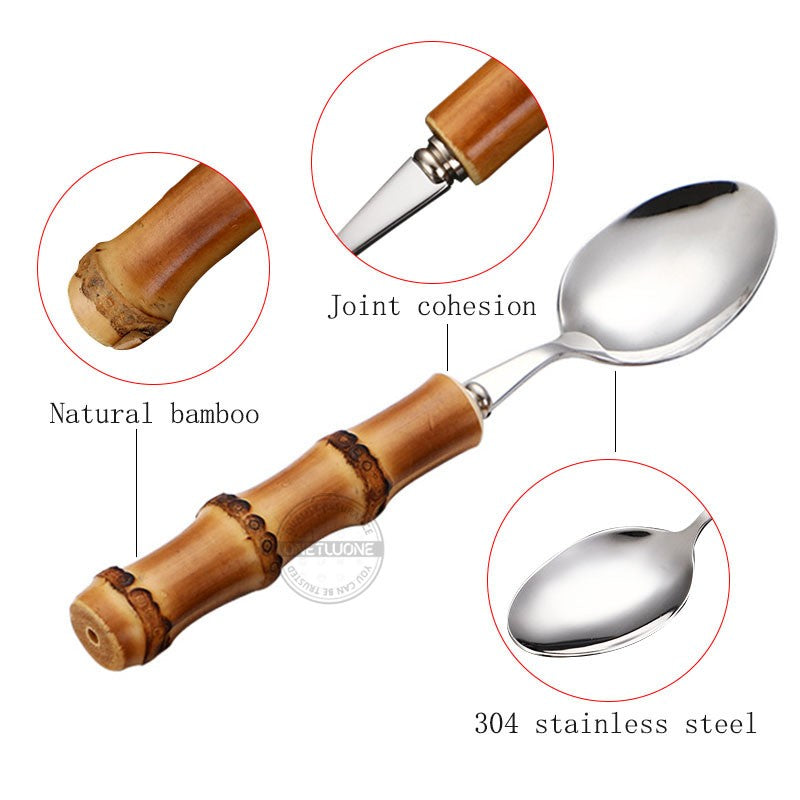 Conjunto de Talheres com Cabo de Bambu Natural, Talheres de Aço Inoxidável, Talheres de Cozinha, Inclui Garfos Colheres Facas Talheres