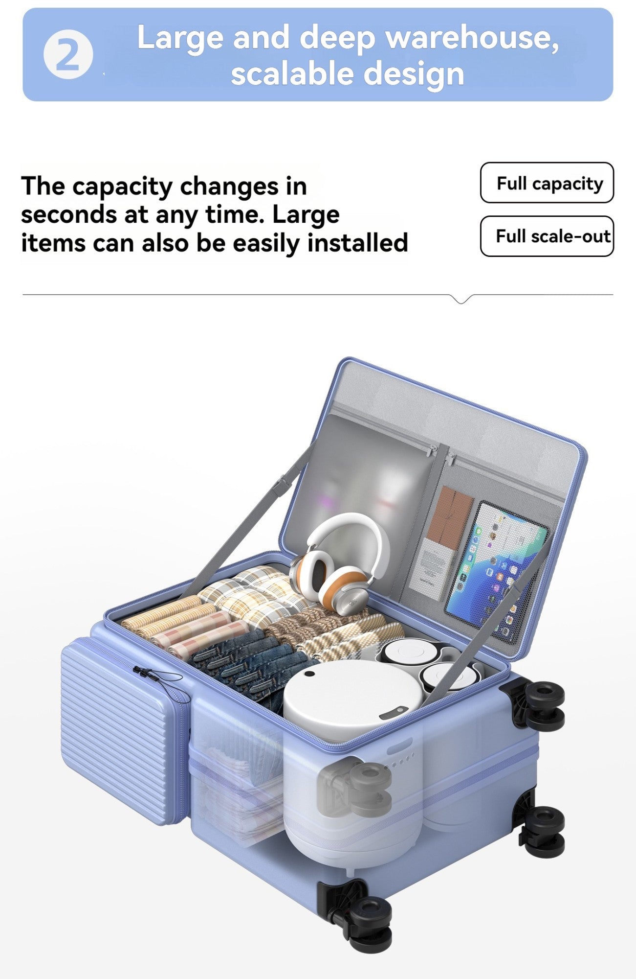 Nova Bagagem com Abertura Frontal de Grande Capacidade, Expansível, Porta-Copos, Carregamento USB, Alça Telescópica e Rodas Universais