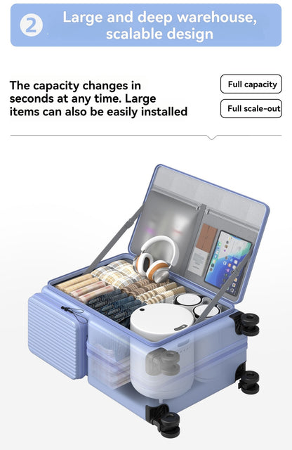 Nova Bagagem com Abertura Frontal de Grande Capacidade, Expansível, Porta-Copos, Carregamento USB, Alça Telescópica e Rodas Universais