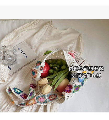 Women's Boho Crochet Bag Designer Flowers Knitted Handbags Large Capacity Summer Beach Woven Shoulder Bag Girls Tote Shopper Bag