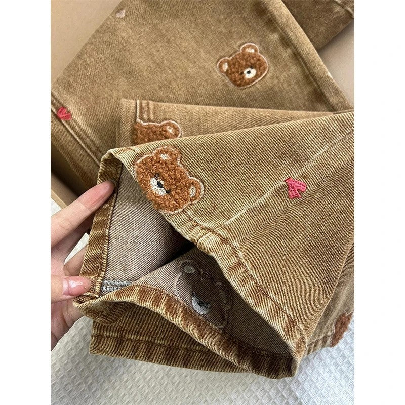 Lace Teddy Bear Embroidered Patchwork Design Wide leg Jeans 2025 Spring New High Waisted fit Slimming Casual Jeans for Commuting