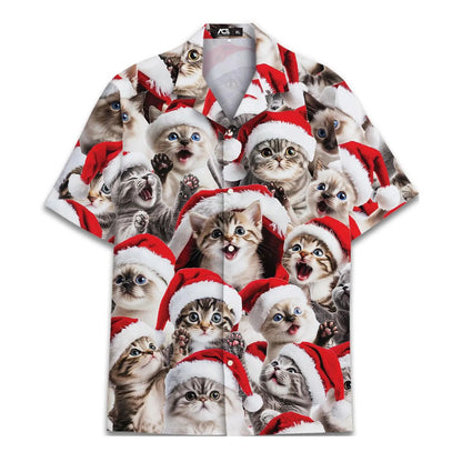 Christmas Hat Animal Graphic Blouse Santa Hawaiian Shirt Men Women Youth, Funny Raccoon Cat Shirts Holiday Aloha Xmas Outfit
