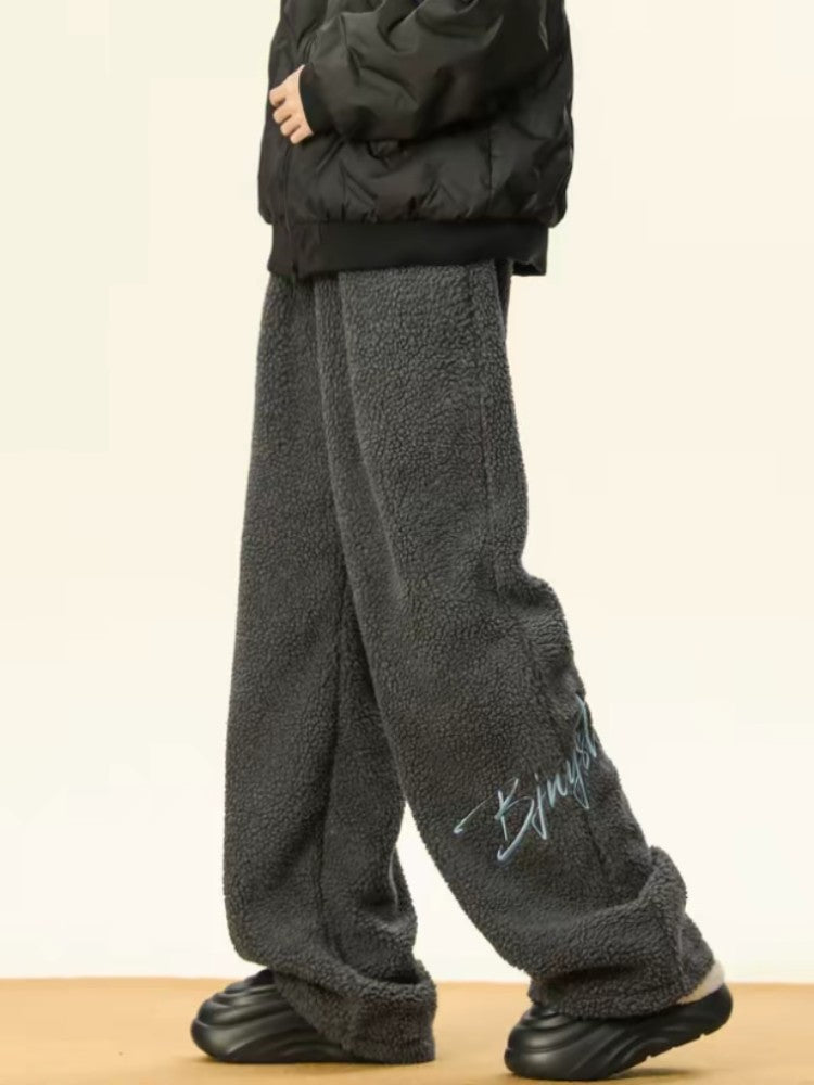 Women's Embroidered Flannel Sweatpants American Lamb Fleece Cotton Thickened Warm Couple Skiing Pants Autumn