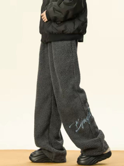 Women's Embroidered Flannel Sweatpants American Lamb Fleece Cotton Thickened Warm Couple Skiing Pants Autumn