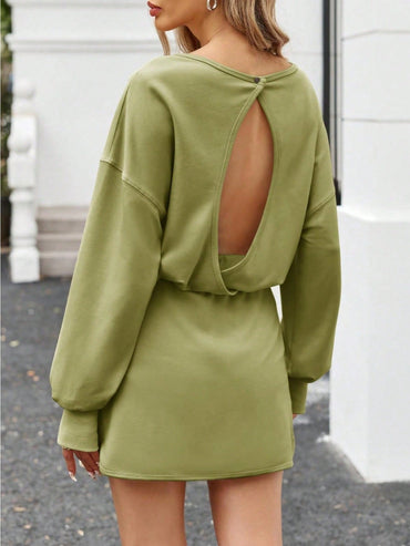 Sexy Women Long Sleeve Active Dress Mid-Calf Elastic Waist Pleated Backless Keyhole Workout Dress With Built In Shorts