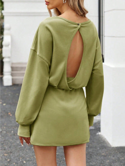 Sexy Women Long Sleeve Active Dress Mid-Calf Elastic Waist Pleated Backless Keyhole Workout Dress With Built In Shorts