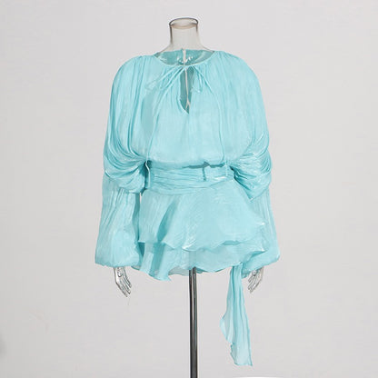 GALCAUR Solid Loose Splicd Lace Up Dresses For Women V Neck Long Sleeves Patchwo