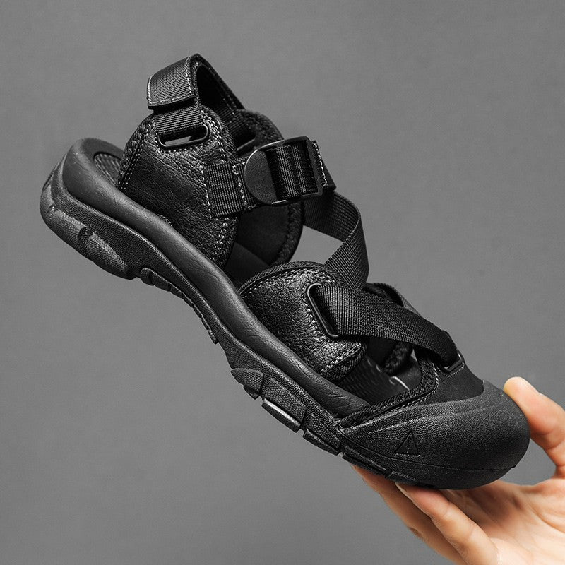 Sandals for Men's Summer New Cowhide Casual Beach Shoes, Genuine Leather for Men's Anti Slip Middle-aged Sandals and Slippers