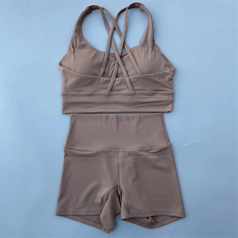 Solid Color gym bike Yoga Set short Legging +cross sport bra Tracksuit  Athletic Women Gym Suit Comprehensive Training Jogging