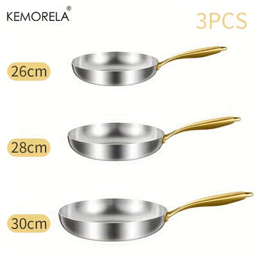 KEMORELA 3PCS 316 Stainless Steel Gold Handle Non-Stick Frying Pan Set 2MM Thick 5-Ply Wok Pan Food Grade Safety Multiple Sizes