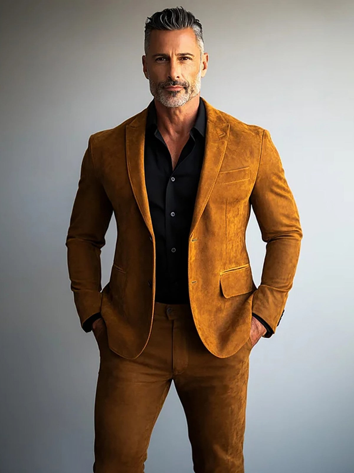 Men Suede Leather Suit Blazer Khaki Formal Single-Breasted Long Sleeve Lapel Multiple Pocket Business Office Party Blazer Jacket