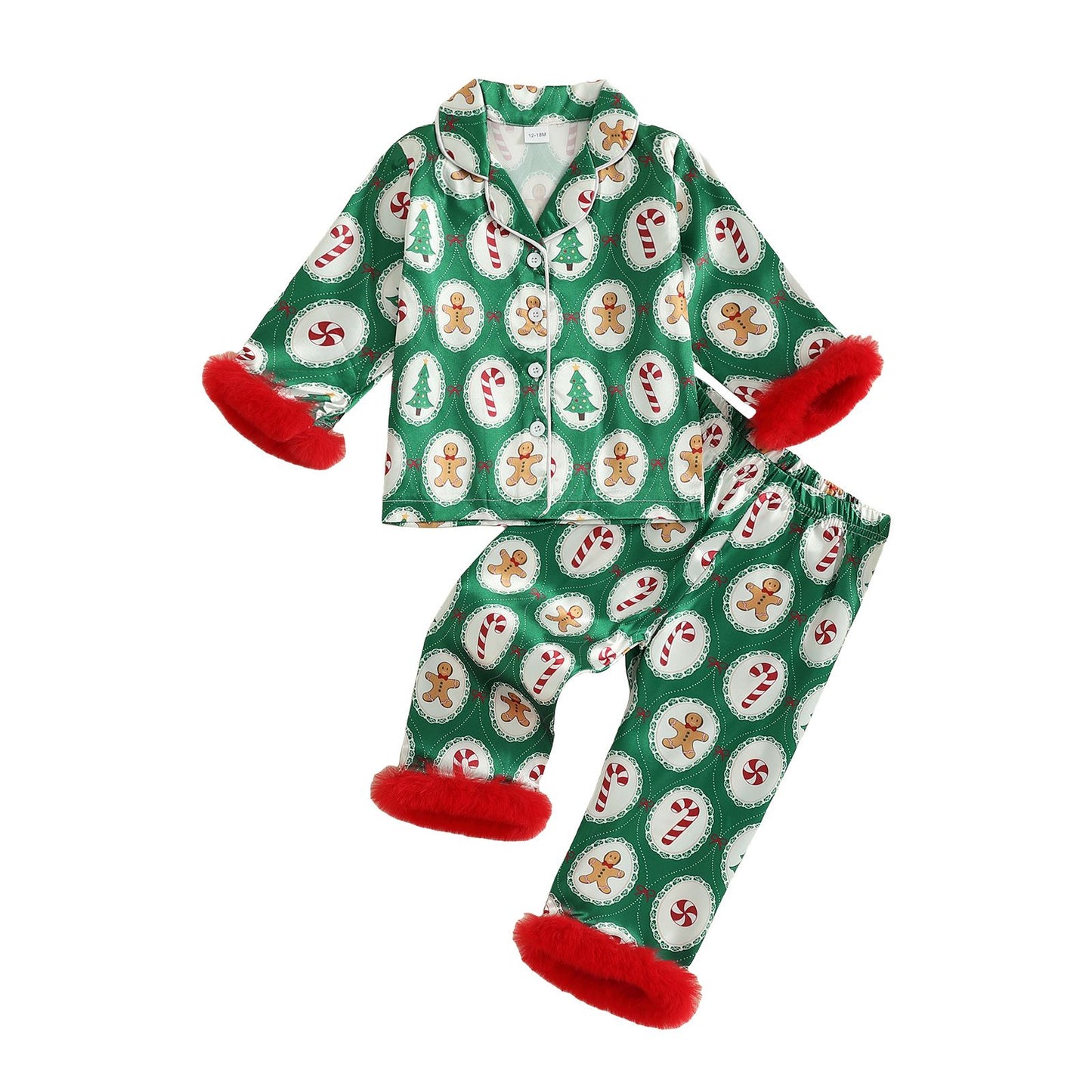 Girls Christmas Satin Pajama Set with Reindeer Print Lapel Long Sleeve Button Down Top and Matching Pants Sleepwear