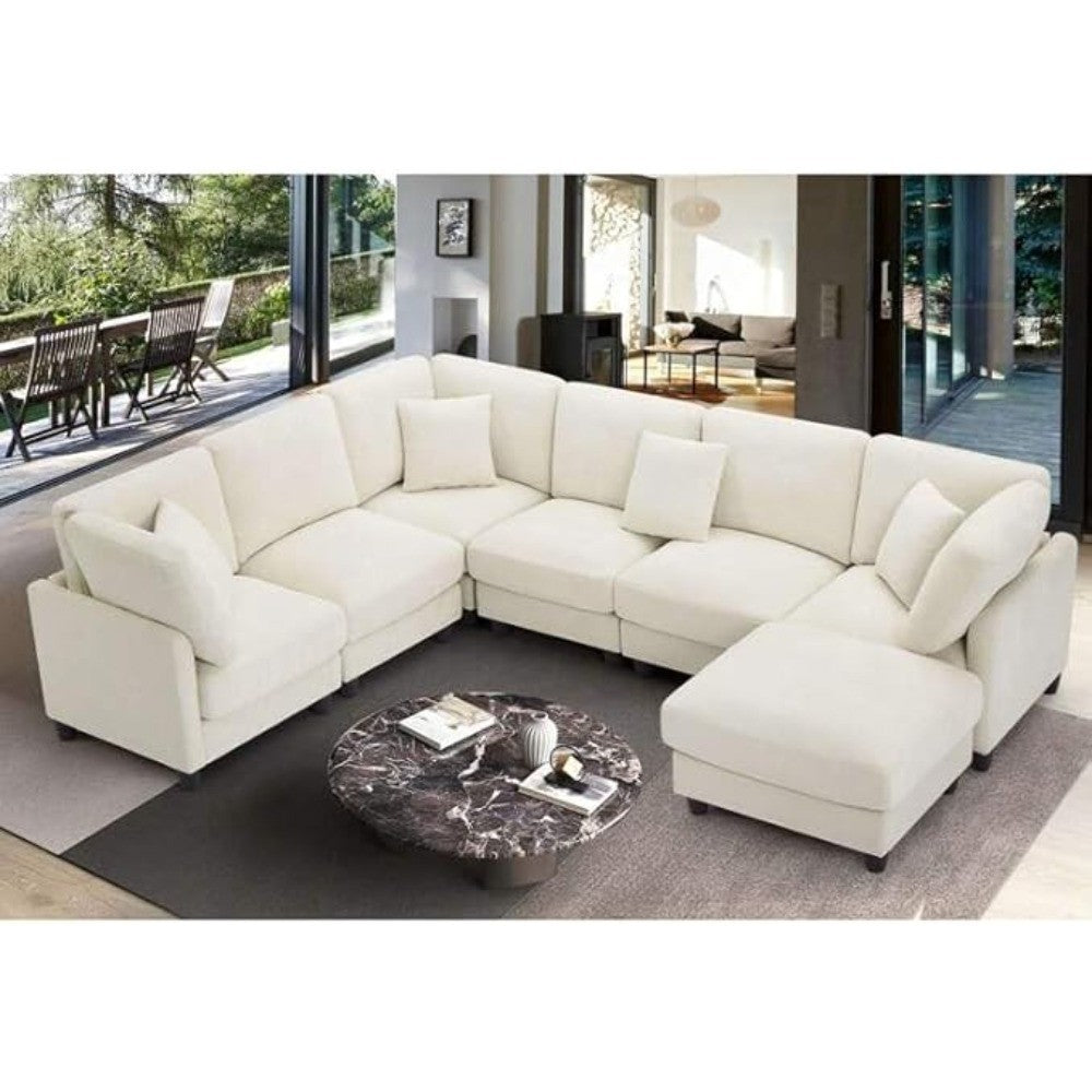 Luxury Oversized Chenille Sofa – 7-Seat Modular Sectional Cloud Couch with Movable Ottoman, Convertible for Living Room