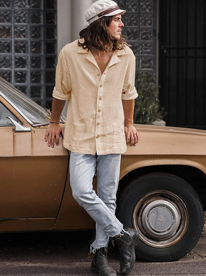 2025 Men's Casual Lapel Long Sleeve Shirts Tops Solid Loose Oversized T Shirt Men Cotton Linen Shirt Fashion Hawaiian Shirt Male