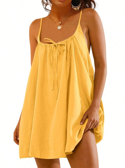 Fisoew Women Summer Sleeveless Mini Dress Tie Back Casual Loose Sexy Trendy Swimsuit Coverup