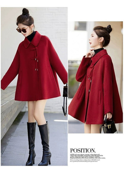 High Quality Woolen Coat Women 2025 Autumn Winter New Cloak Long Wool Jacket Chinese Retro Buckle Ladies Overwear Korean Outcoat
