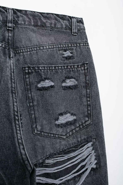 HH 2024 Women's Street Fashion Denim Blue Jeans Distressed Patchwork High Waist Zipper Fly Ripped Retro Long Pants