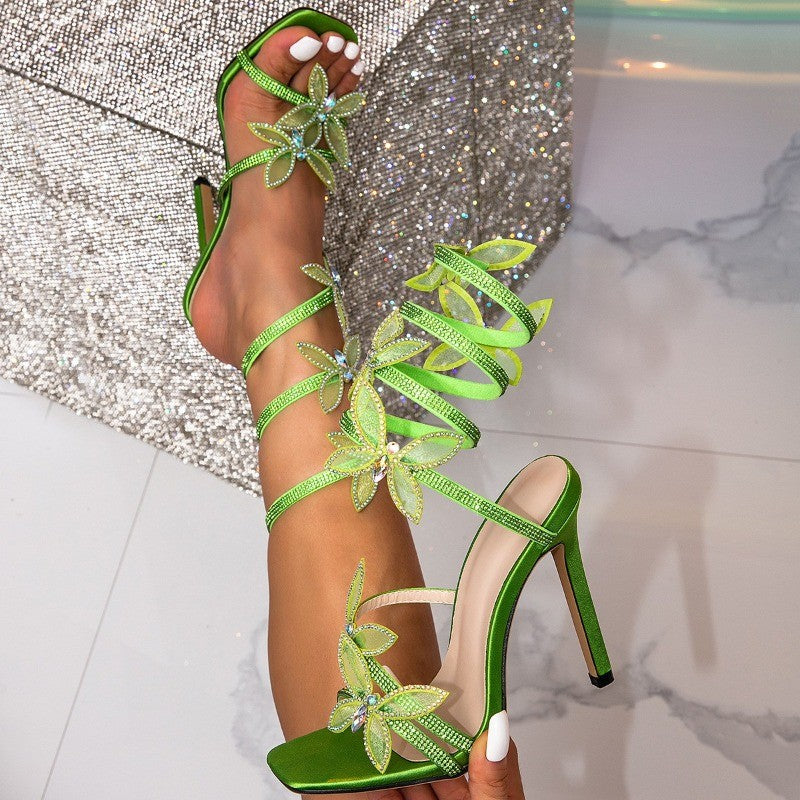 Elegant Design Crystal Butterfly-knot Ankle Strap Woman Sandals Sexy Open Toe Thin High Heels Stripper Party Pumps Shoes