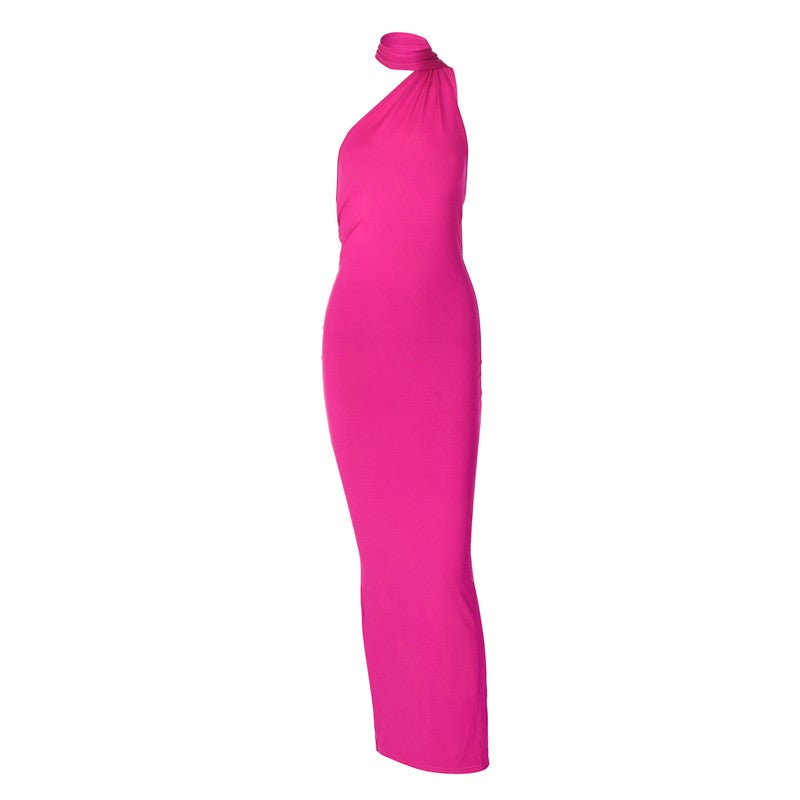 Hugcitar One Shoulder Backless Adjustable Scarf Loop Ruched Sexy Maxi Dress Wome