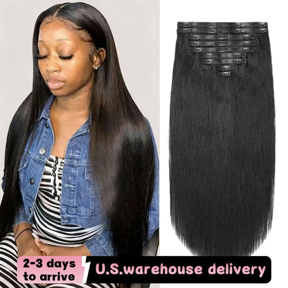 Aplique de Cabelo Humano Liso de 24 Polegadas Clip-in Cabelo Peruano 9 Peças Preto Natural Clip-in Cabelo Humano 100% Real Macio Para Mulheres