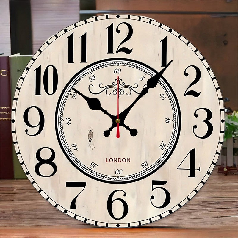 London Arabic Wooden Round Silent Hanging Wall Clock, Suitable For Living Room, Office, Study Room, Bedroom, Home Decoration