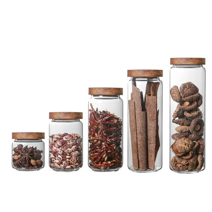 1pcs Wood Lid Orgnizer Glass Airtight Canister Kitchen Storage Bottles Jar Sealed Food Container Ginger Cereal Dispenser Set
