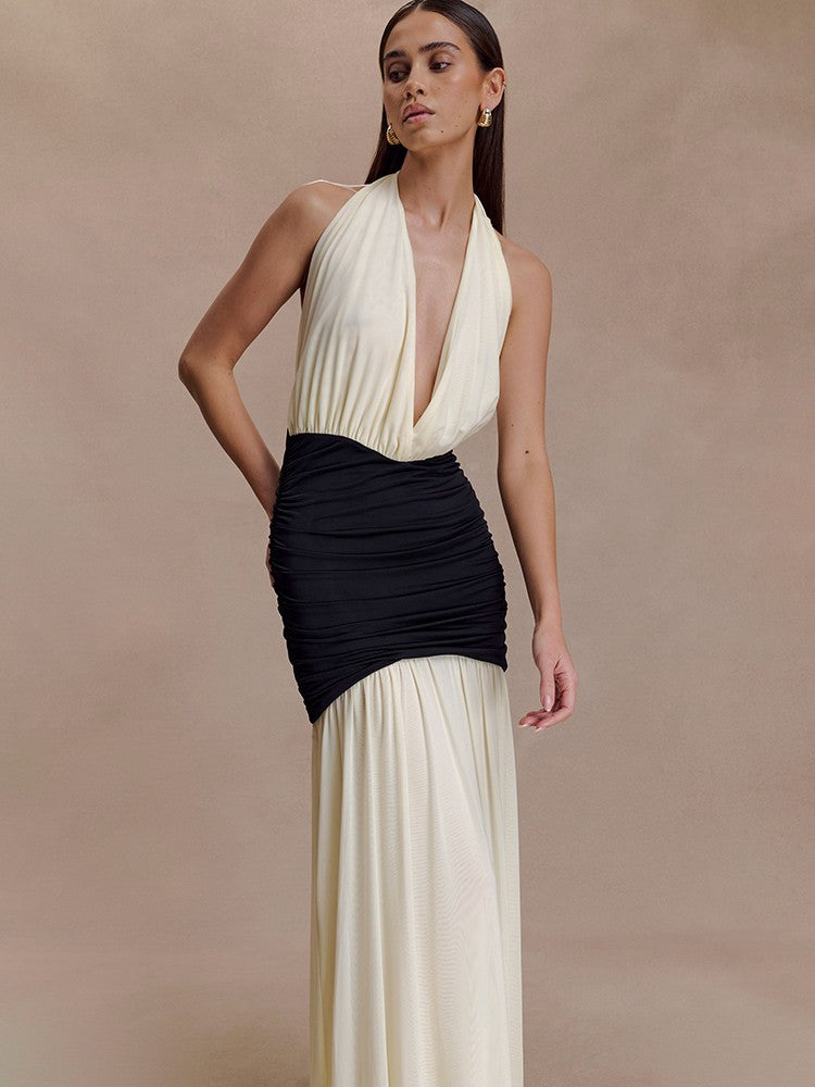 Mozision Patchwork Halter Backless Sexy Maxi Dress Women Gown Elegant Deep V Neck Sleeveless High Waist Bodycon Club Party Dress