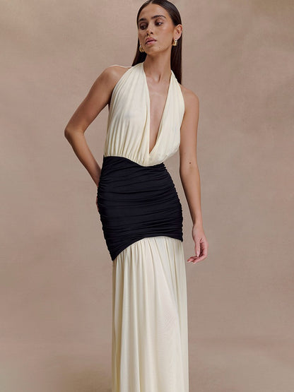 Mozision Patchwork Halter Backless Sexy Maxi Dress Women Gown Elegant Deep V Neck Sleeveless High Waist Bodycon Club Party Dress