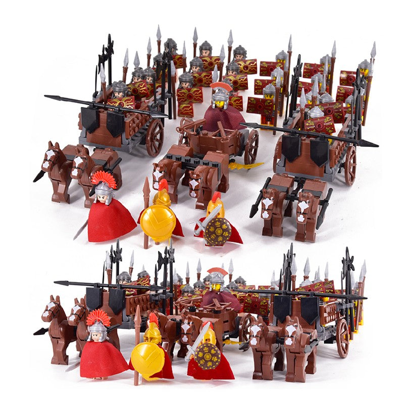 MOC Império Romano Exército Espartano Soldado Medieval Carruagem Blocos de Montar Tijolos Brinquedos de Capacete de Guerra Militar Antiga Para Crianças