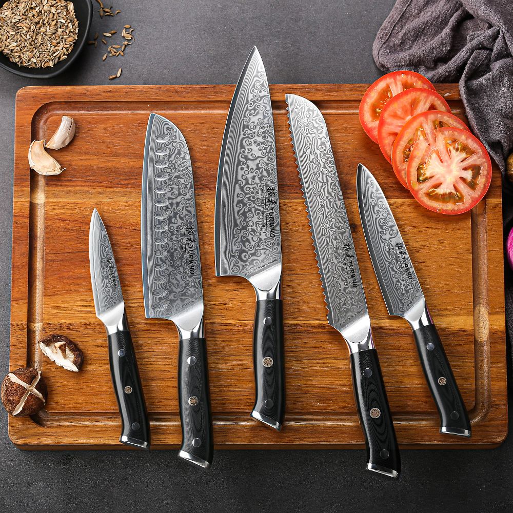 TURWHO Melhores Utensílios de Cozinha de 1 ou 7 Peças, Conjunto Profissional de Aço Damasco de 67 Camadas Com Excelente Bloco de Facas de Madeira de Acácia
