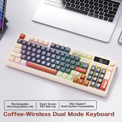 Teclado Sem Fio FreeWolf M96 com Tela, Teclado Gamer Bluetooth Conexão Dual-Mode, Conexão Multi-Dispositivos, Ergonômico